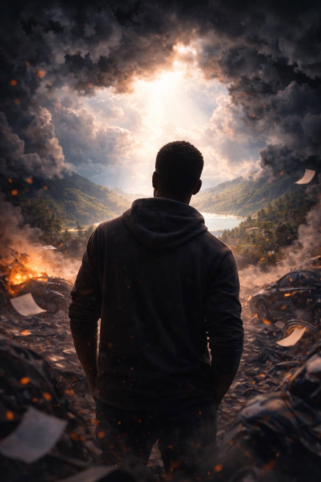 A man standing amid wreckage and fire as storm clouds part to reveal light and a peaceful valley beyond