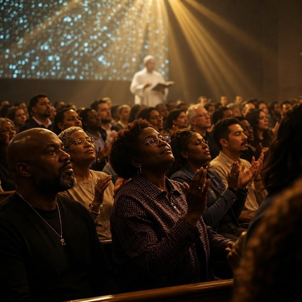 A congregation worshipping together in a church service, with a pastor standing at the front